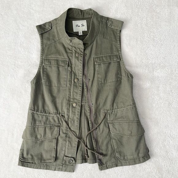 Per Se Utility Vest Women Size M Cargo Hunter Green Pockets Waist Drawstring - Picture 14 of 14